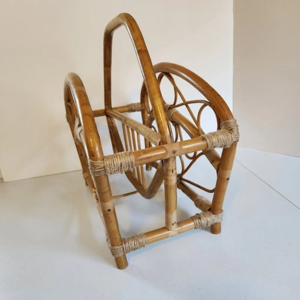 Vintage Bamboo Book Storage Basket Magazine Rack 1970s 70s Boho Home Decor Hippy - Picture 5 of 9